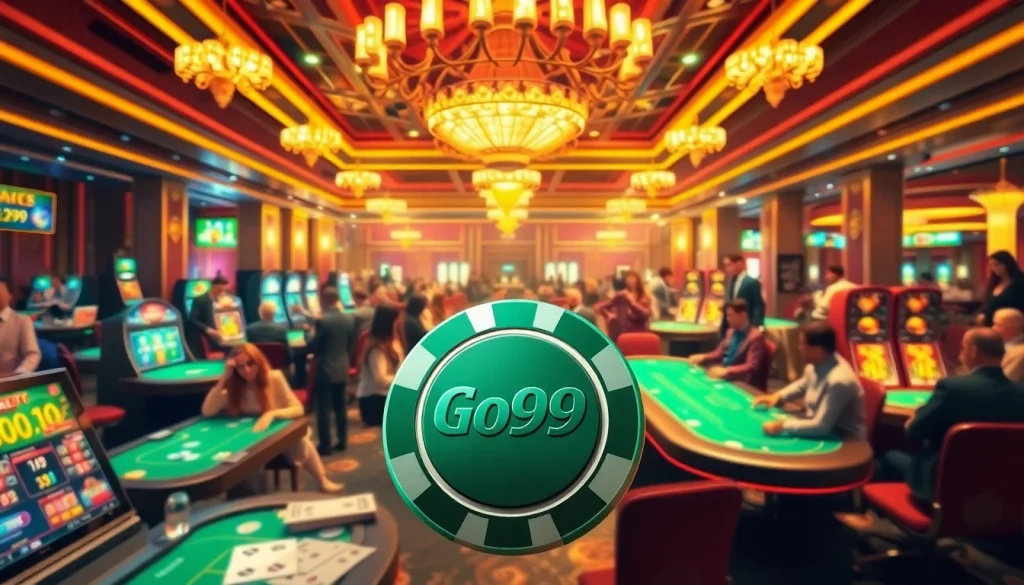 Go99 poker chip amidst high-stakes cards and vibrant slot machines in a luxurious casino.