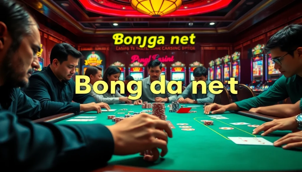 Engage in a thrilling poker game at Bong da net, featuring intense players and vibrant casino elements.